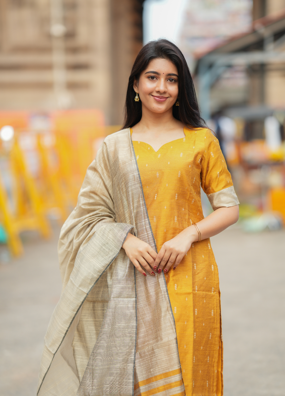 Mustard Yellow Raw Silk Kurti with Gold Motifs