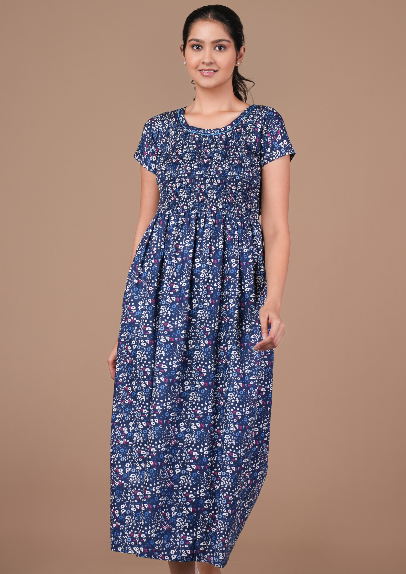 Navy Blue Floral Print Smoky Nighty for Women