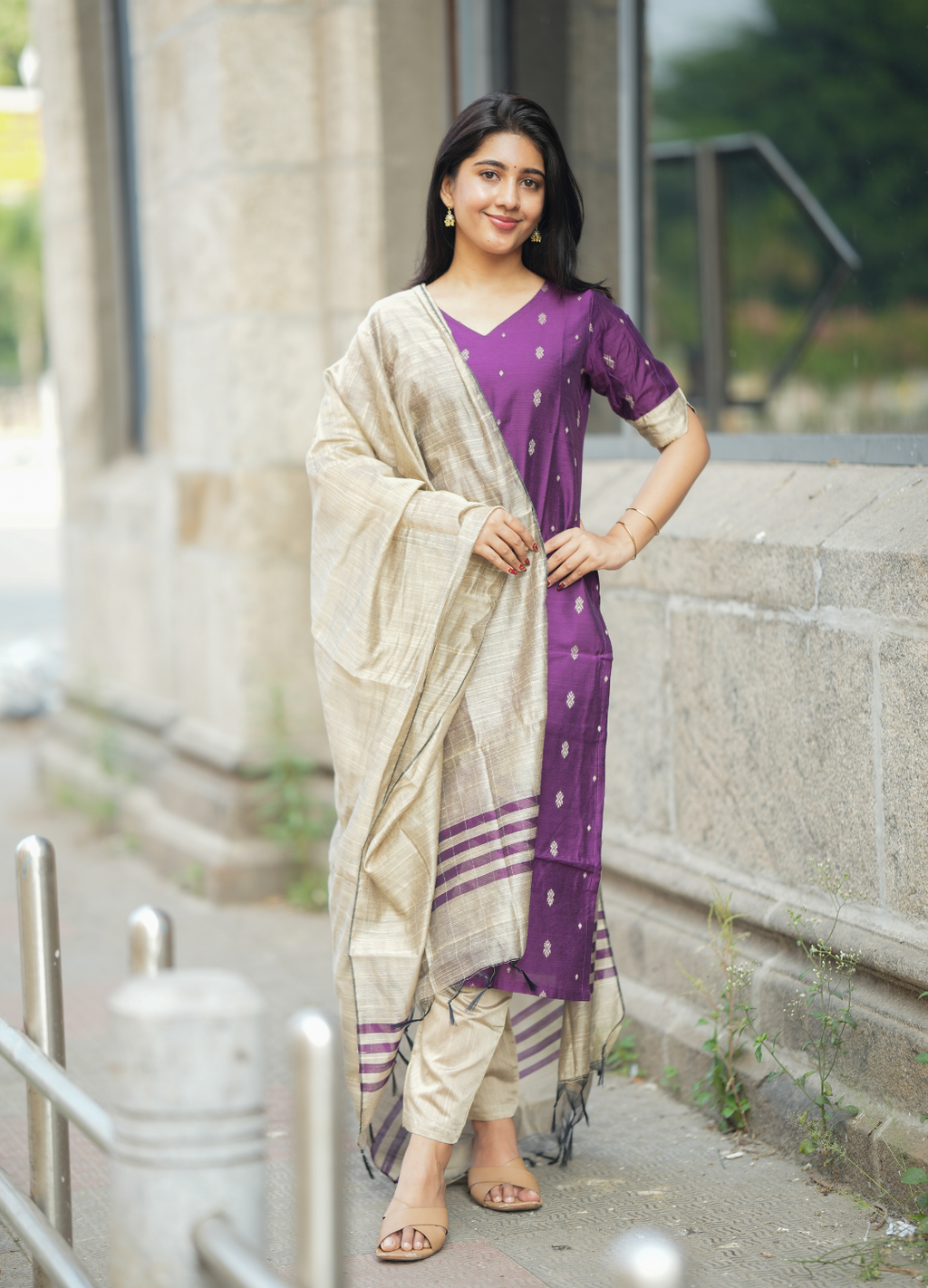Royal Plum Purple Raw Silk Kurti with Gold Motifs