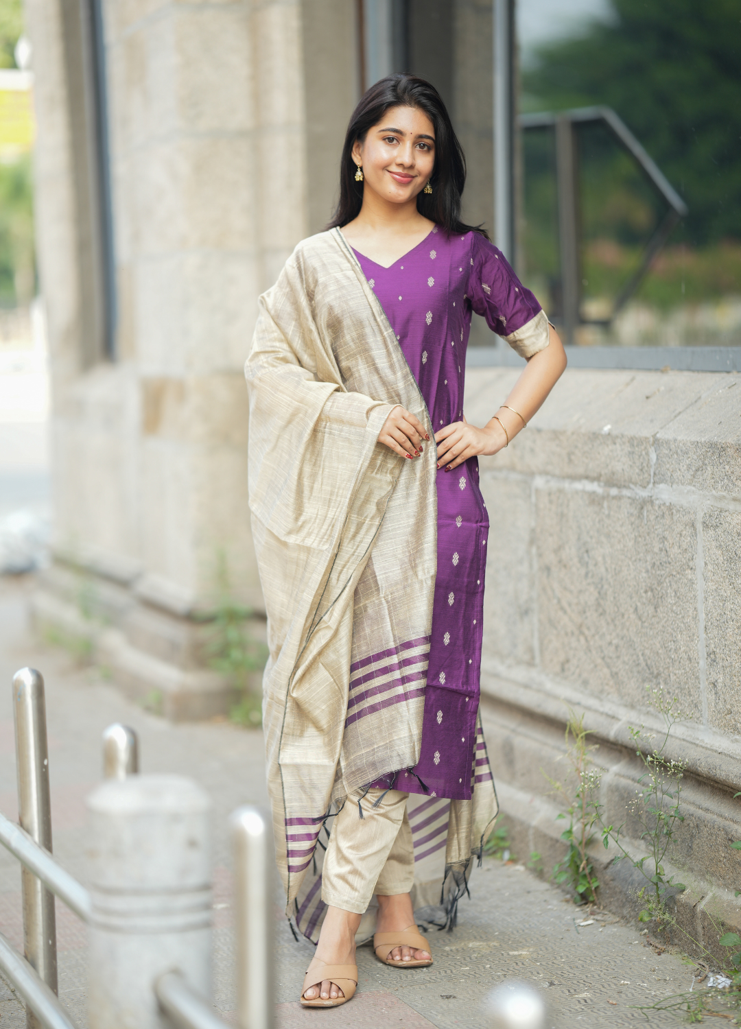 Royal Plum Purple Raw Silk Kurti with Gold Motifs