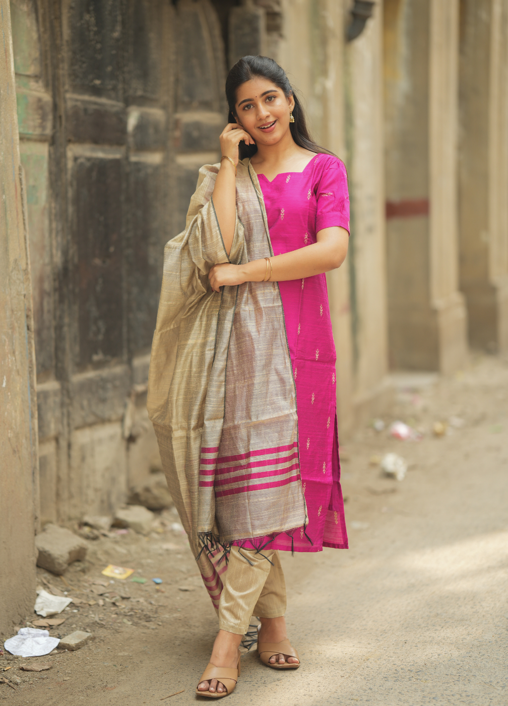 Rani Pink Raw Silk Kurti with Subtle Gold Motifs
