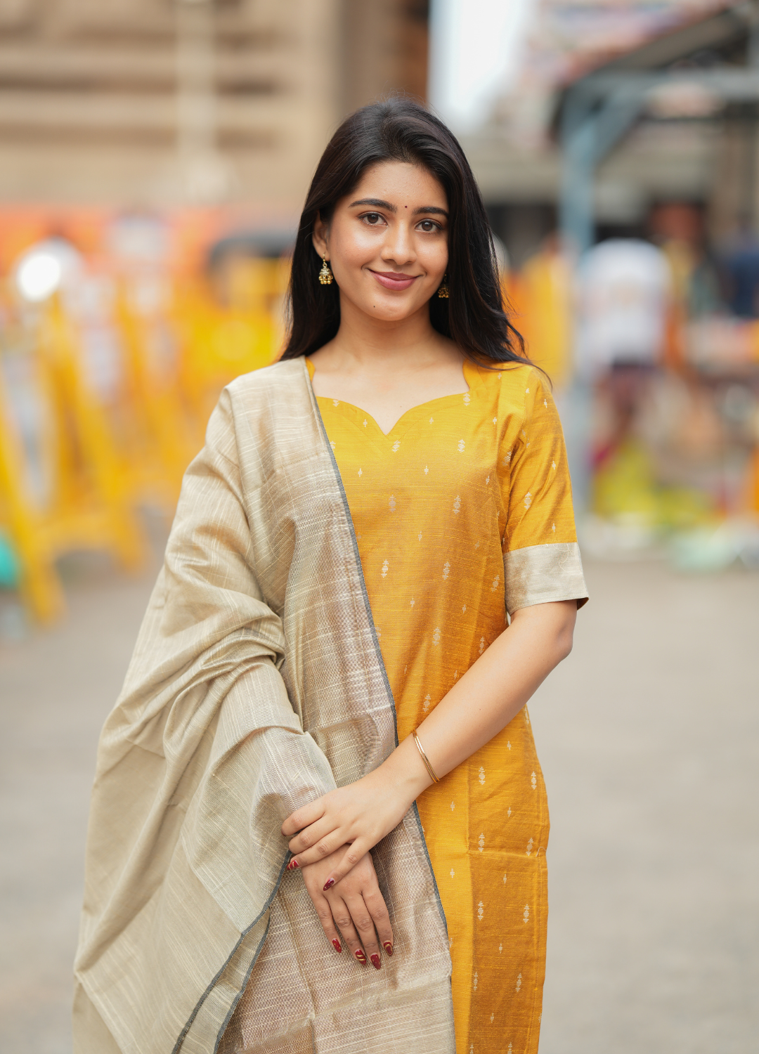 Mustard Yellow Raw Silk Kurti with Gold Motifs