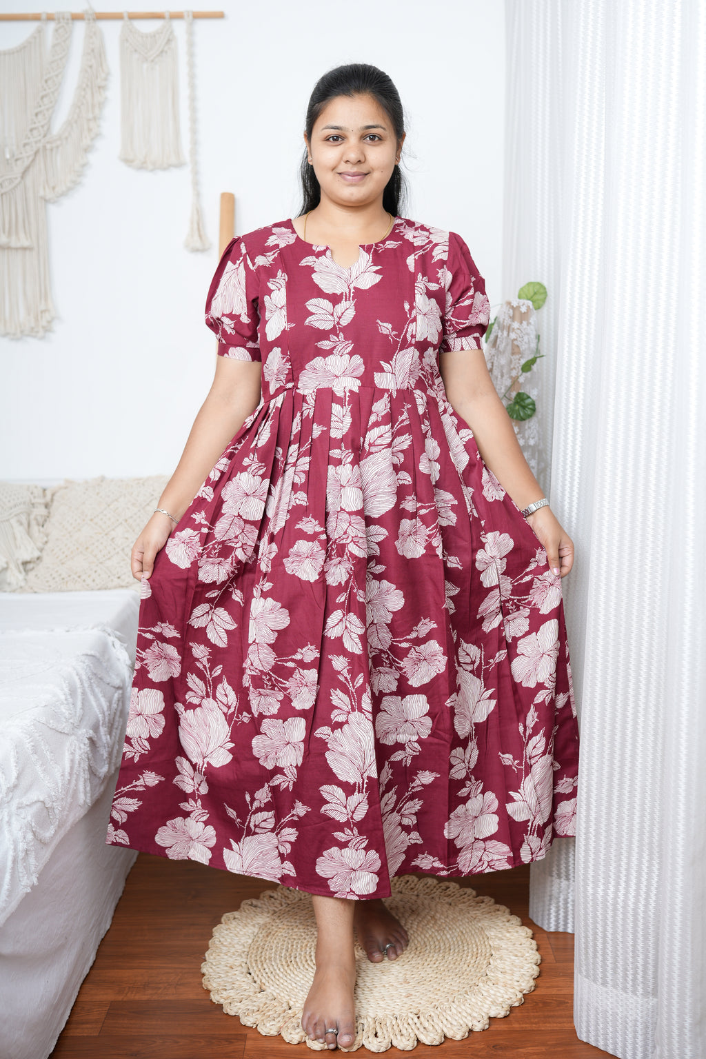 Maroon & Beige Floral Printed Cotton Maternity Kurti