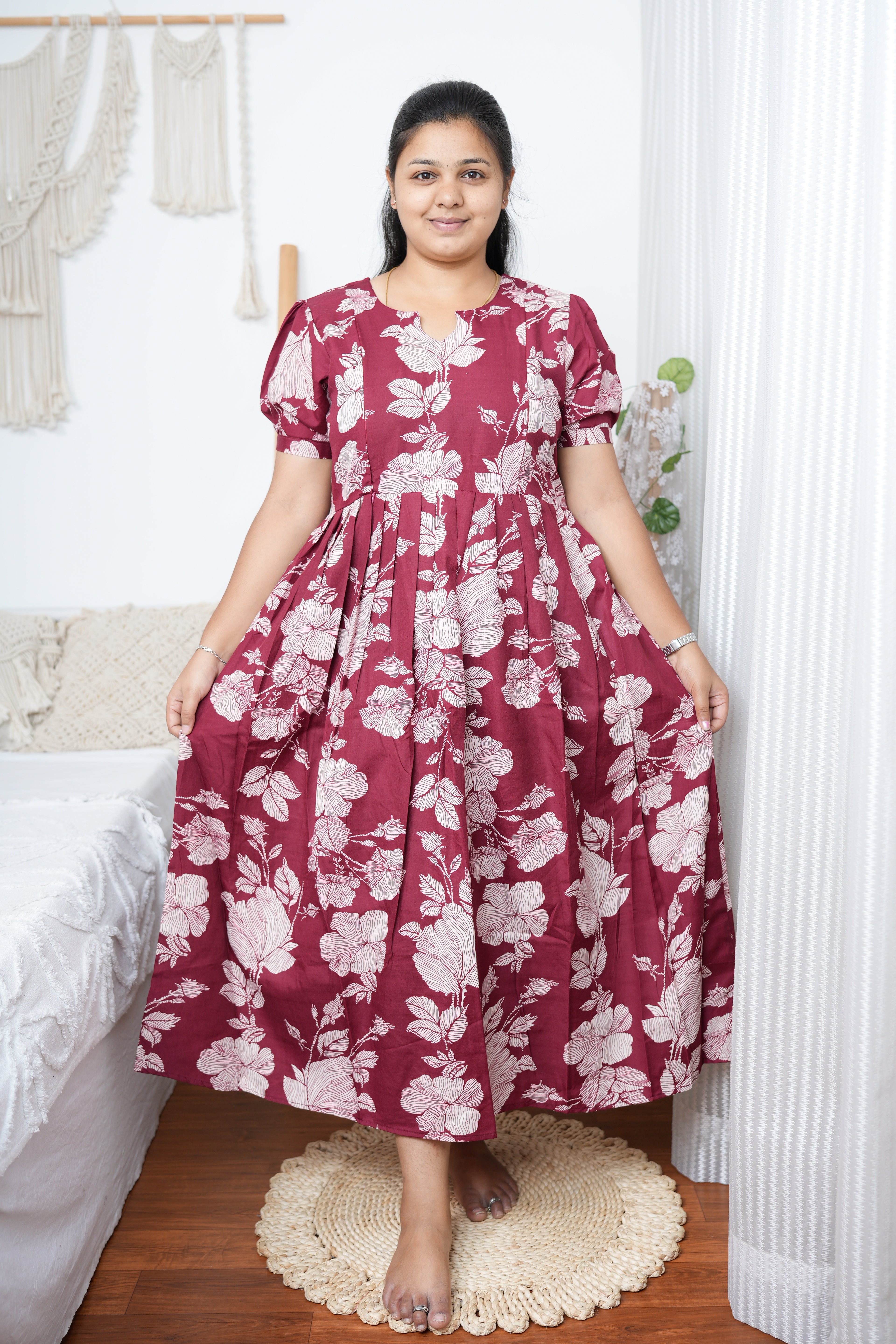 Maroon & Beige Floral Printed Cotton Maternity Kurti