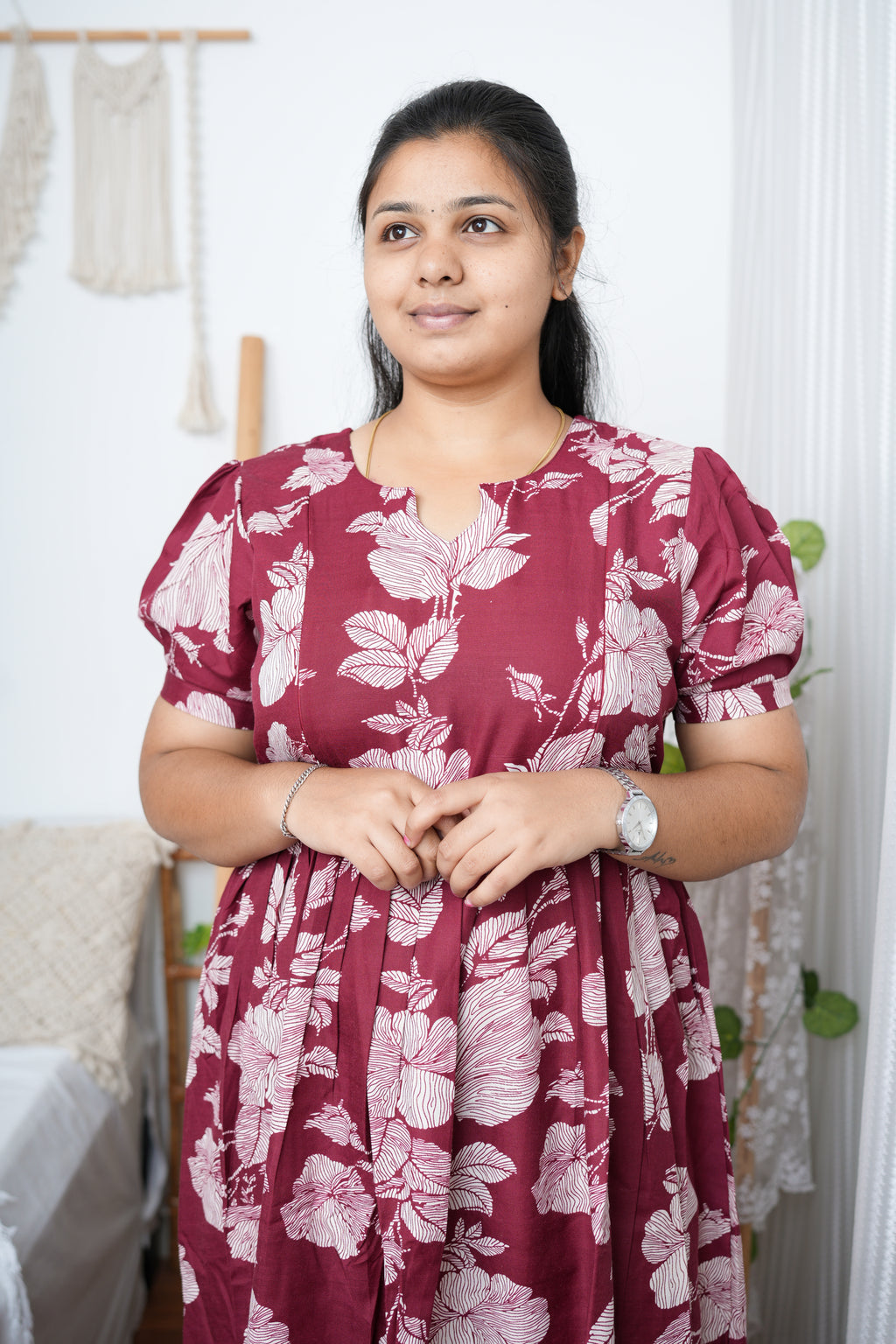 Maroon & Beige Floral Printed Cotton Maternity Kurti
