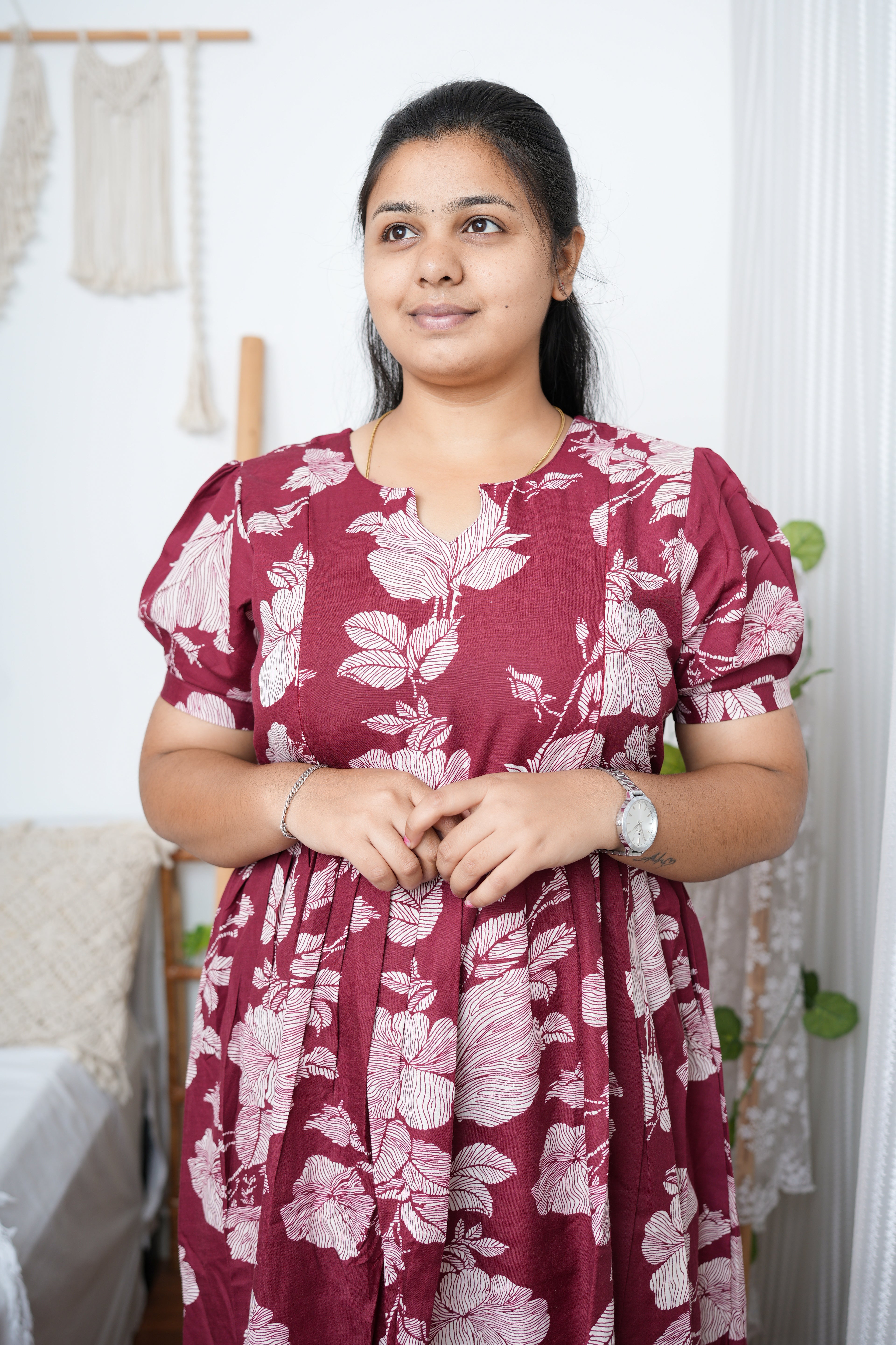Maroon & Beige Floral Printed Cotton Maternity Kurti