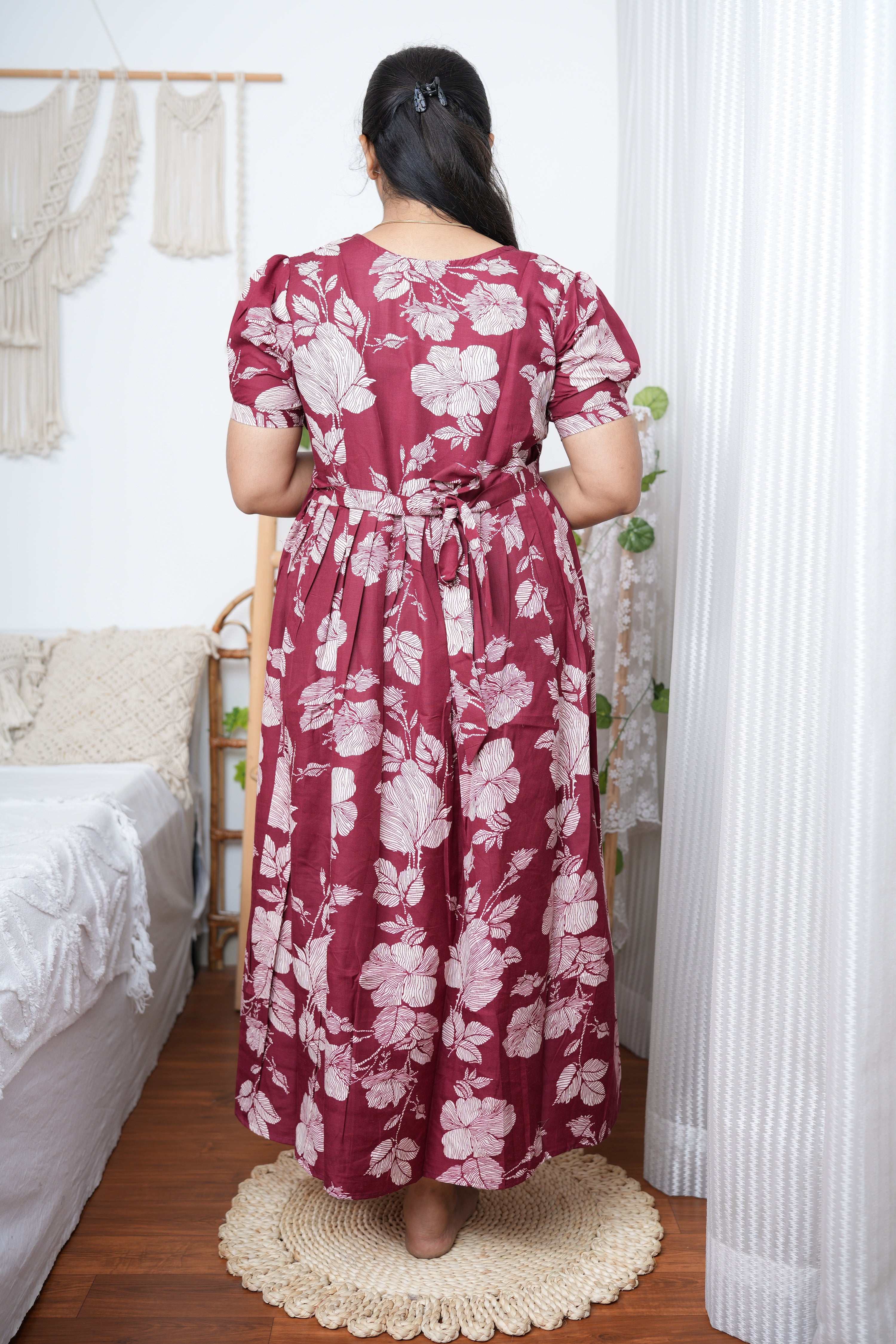 Maroon & Beige Floral Printed Cotton Maternity Kurti