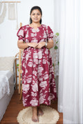 Maroon & Beige Floral Printed Cotton Maternity Kurti