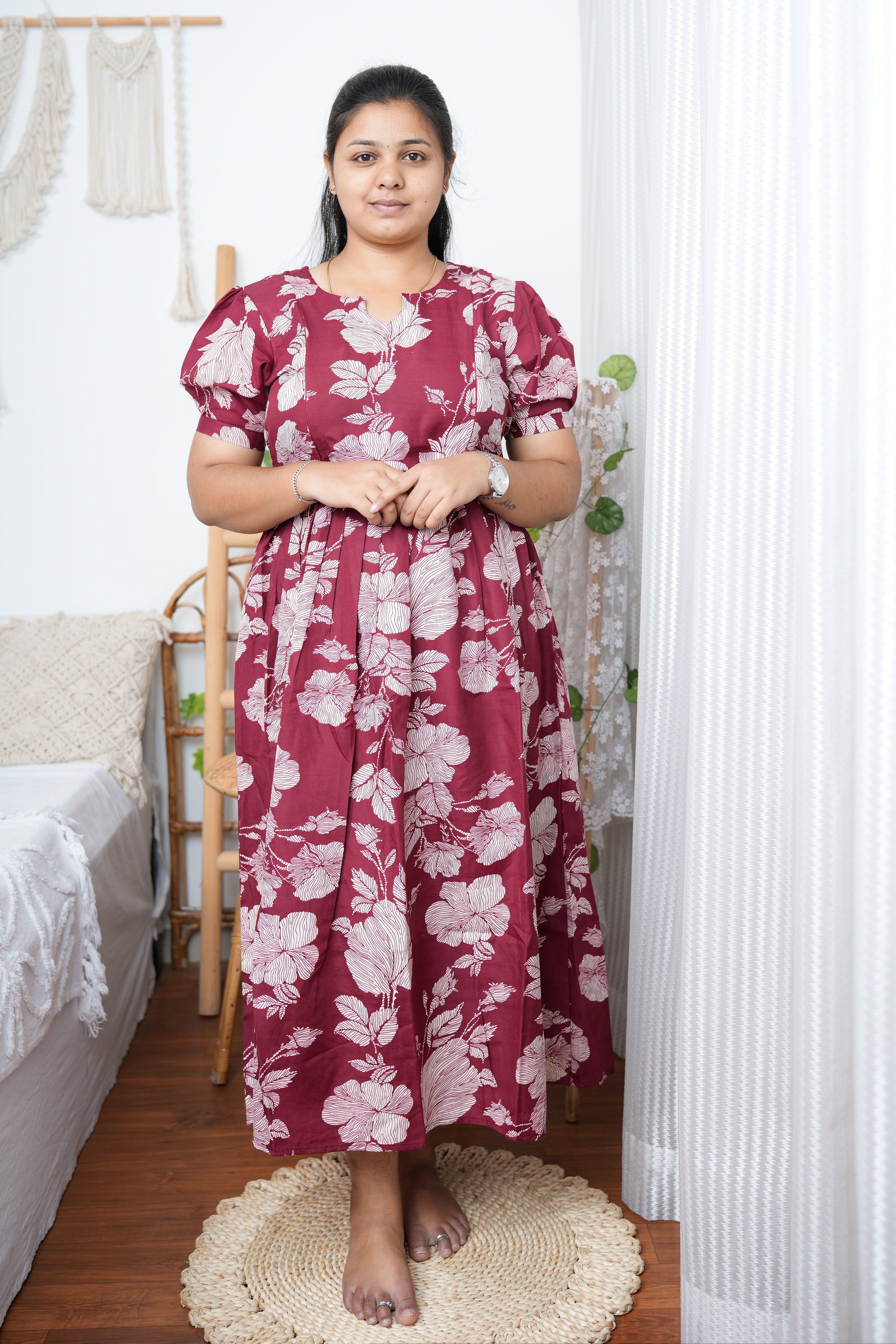 Maroon & Beige Floral Printed Cotton Maternity Kurti