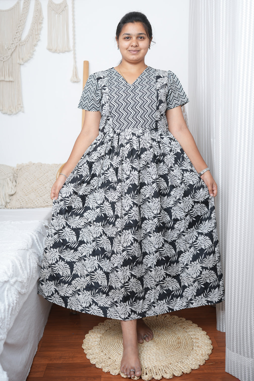 Black & White Printed Cotton Maxi Nighty