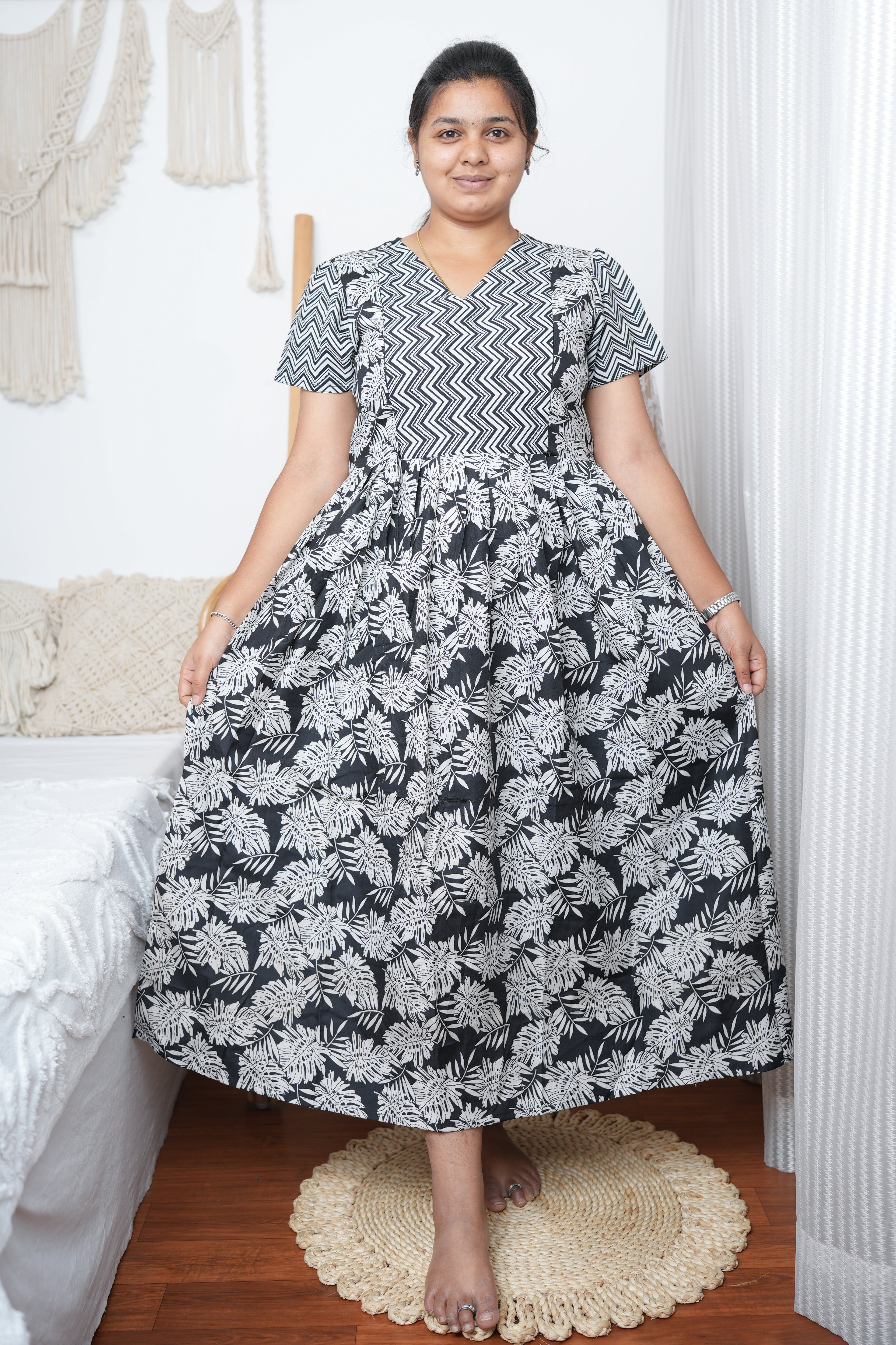 Black & White Printed Cotton Maxi Nighty