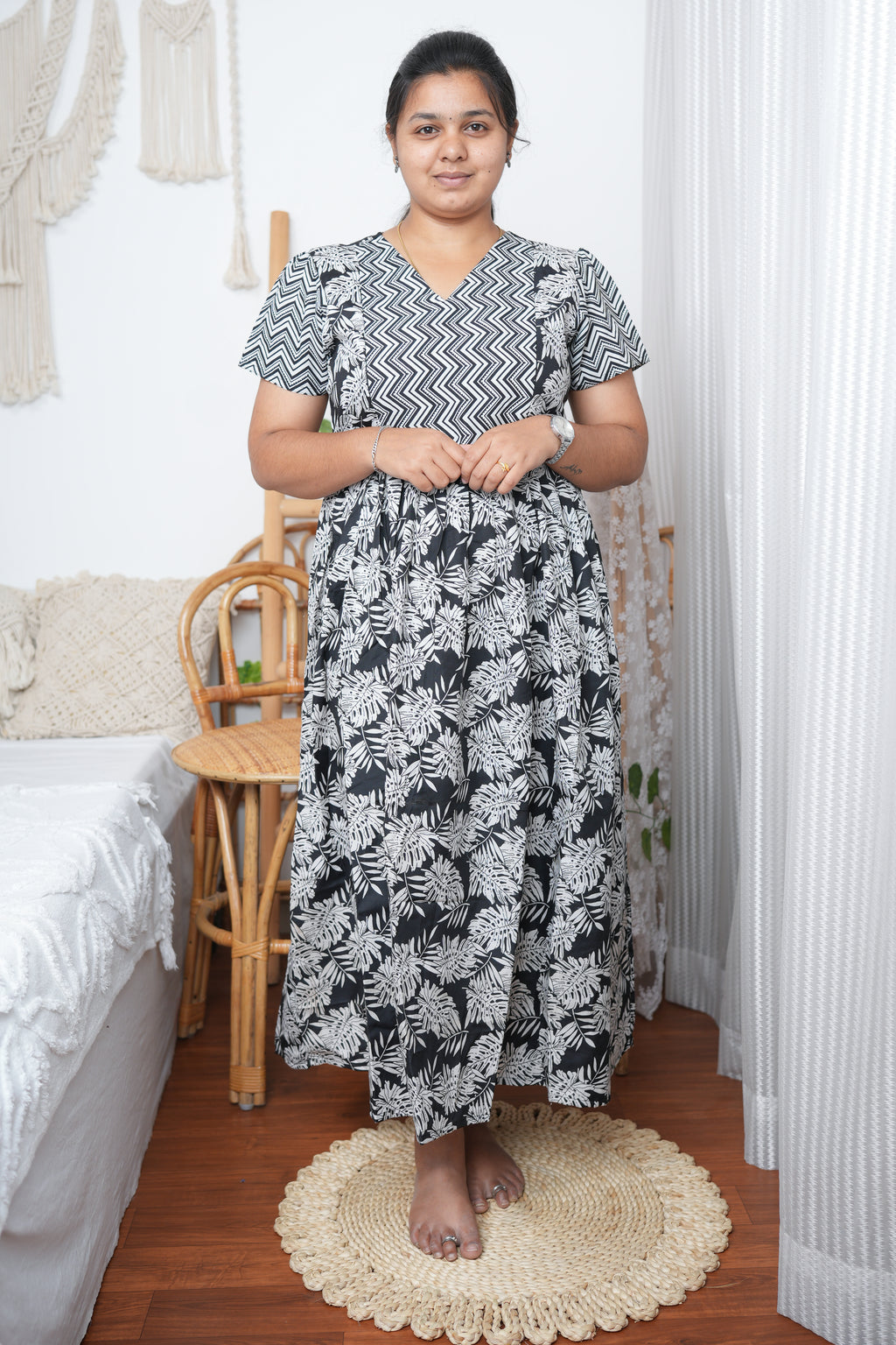 Black & White Printed Cotton Maxi Nighty