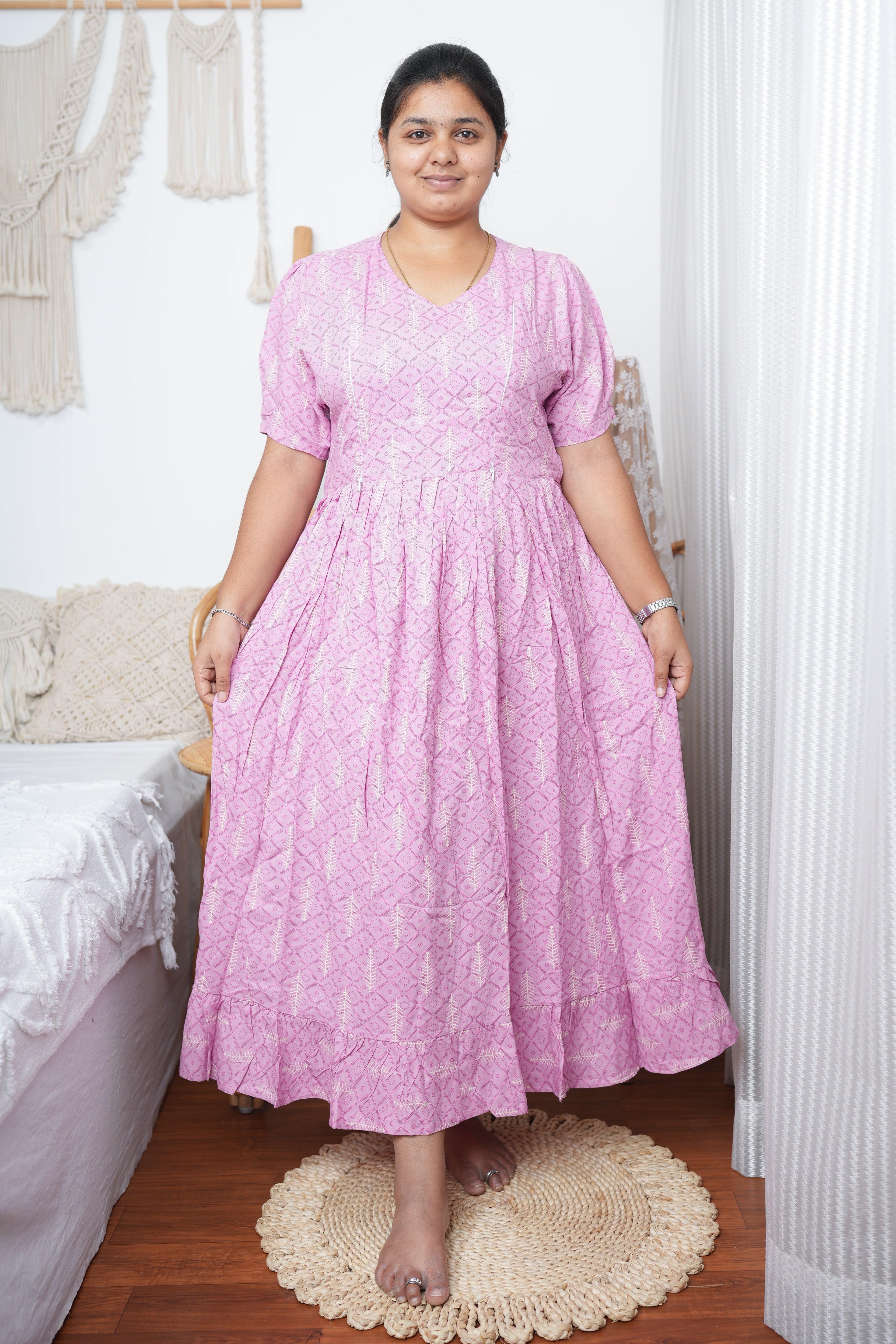 Lavender Geometric Print Cotton Maternity Kurtis