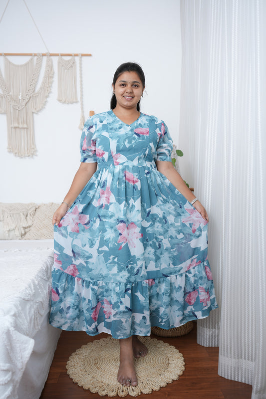 Georgette Feeding Dress with Hidden Zips – Teal Blue