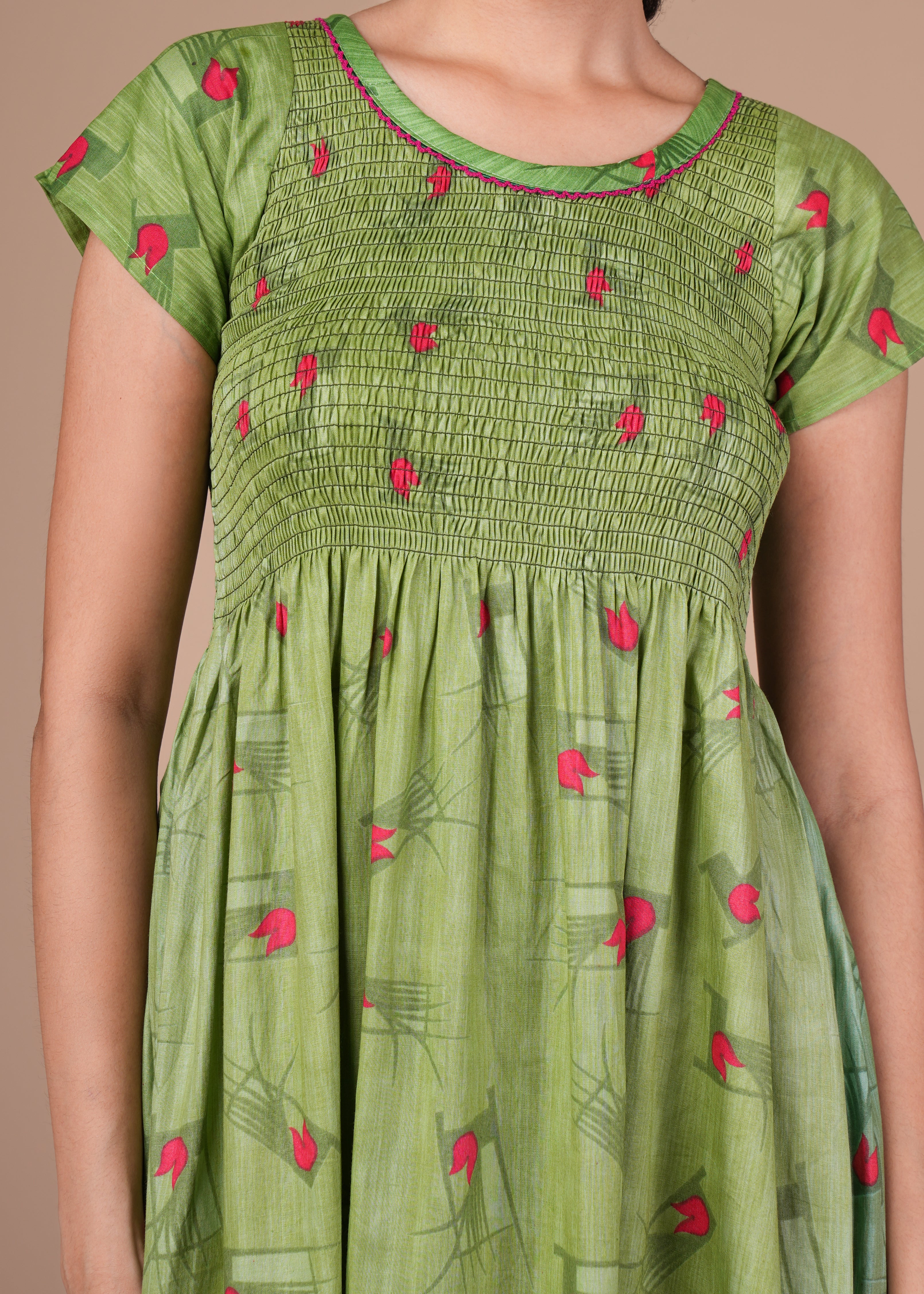Parrot Green Floral Print Smoky Nighty for Women