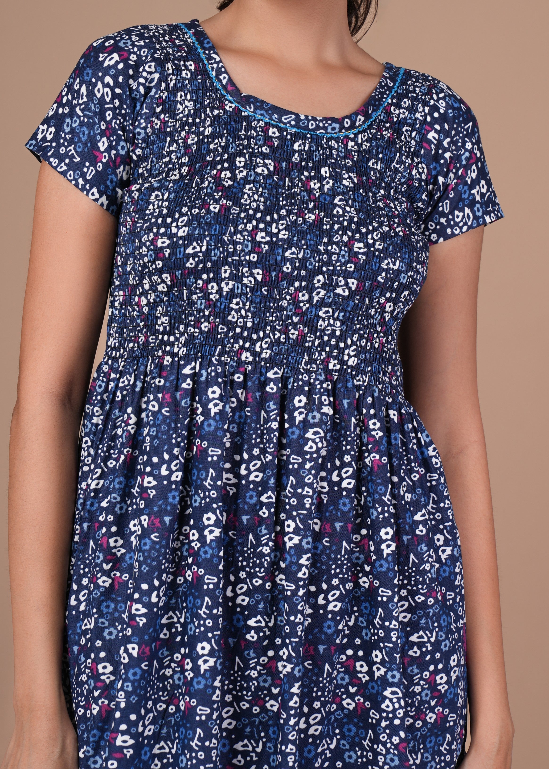 Navy Blue Floral Print Smoky Nighty for Women
