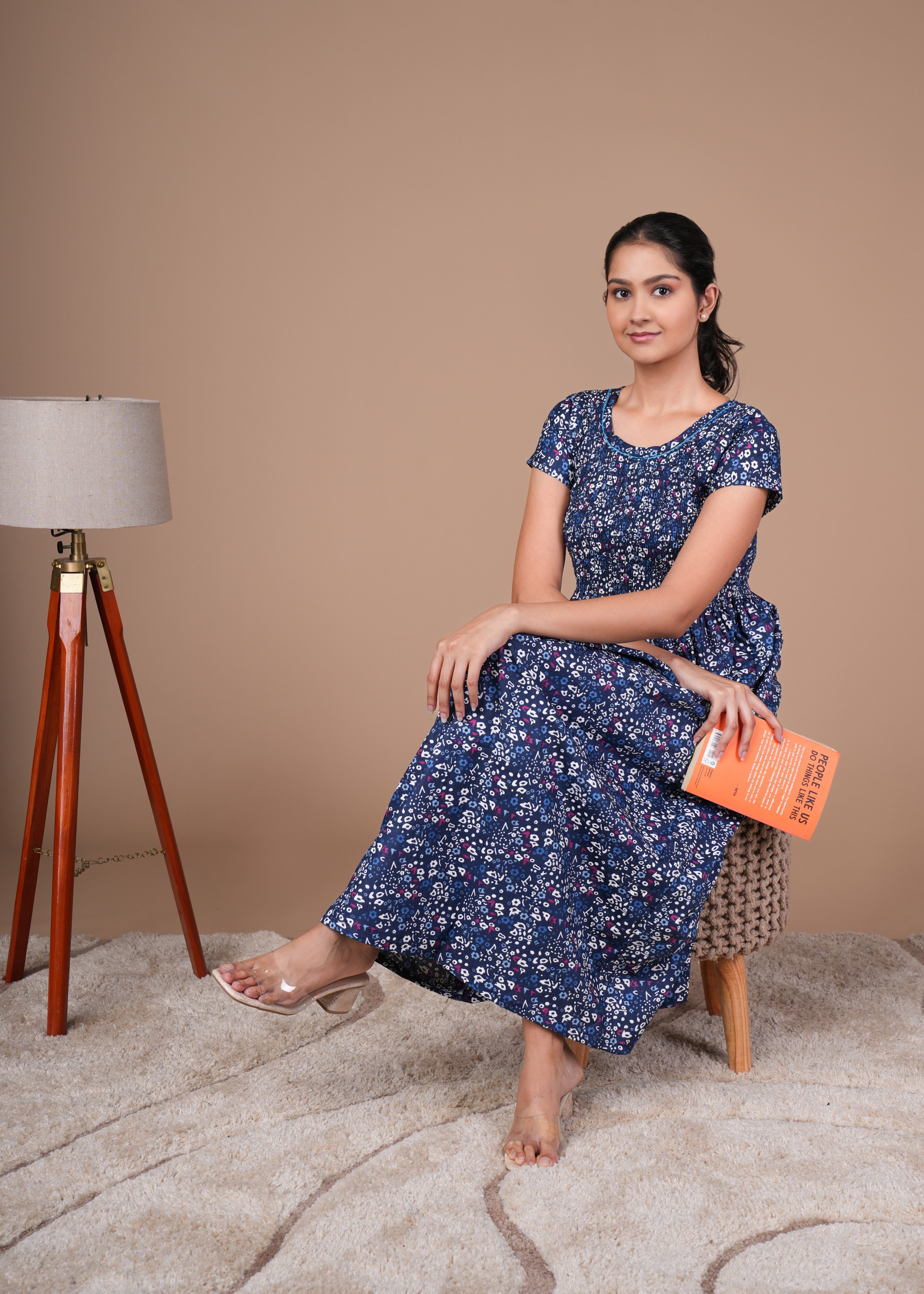 Navy Blue Floral Print Smoky Nighty for Women