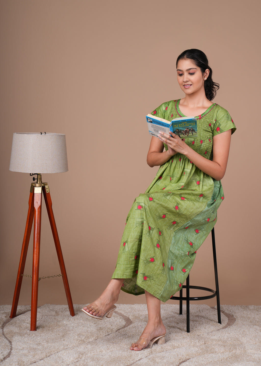 Parrot Green Floral Print Smoky Nighty for Women