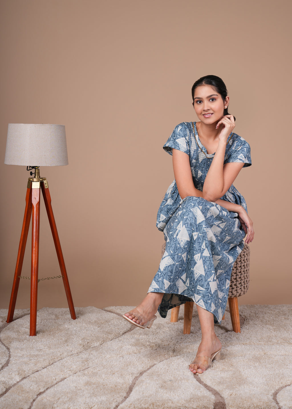 Sky Blue Floral Print Smoky Nighty for Women