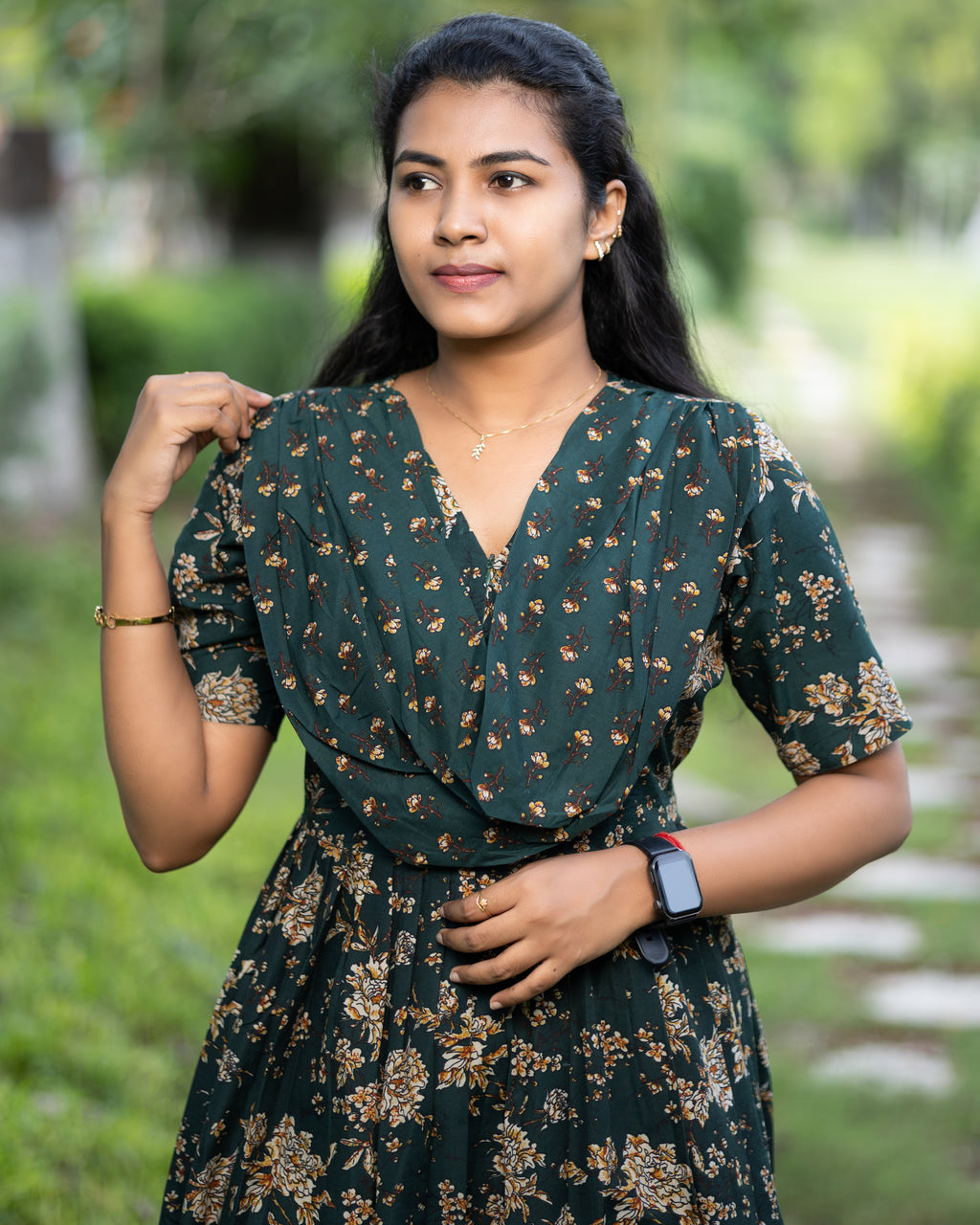 Feeding Maxi Style Nighty with Dupatta attached - Green
