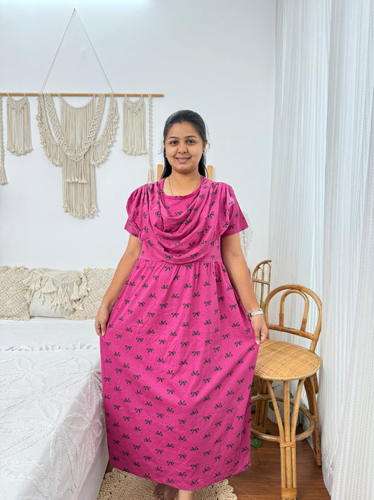 Zipless Feeding Maternity Gown with Attached Dupatta | Bow Print | Rani Pink