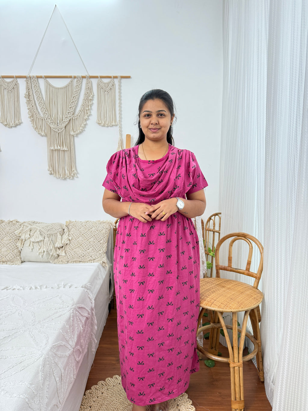 Zipless Feeding Maternity Gown with Attached Dupatta | Bow Print | Rani Pink
