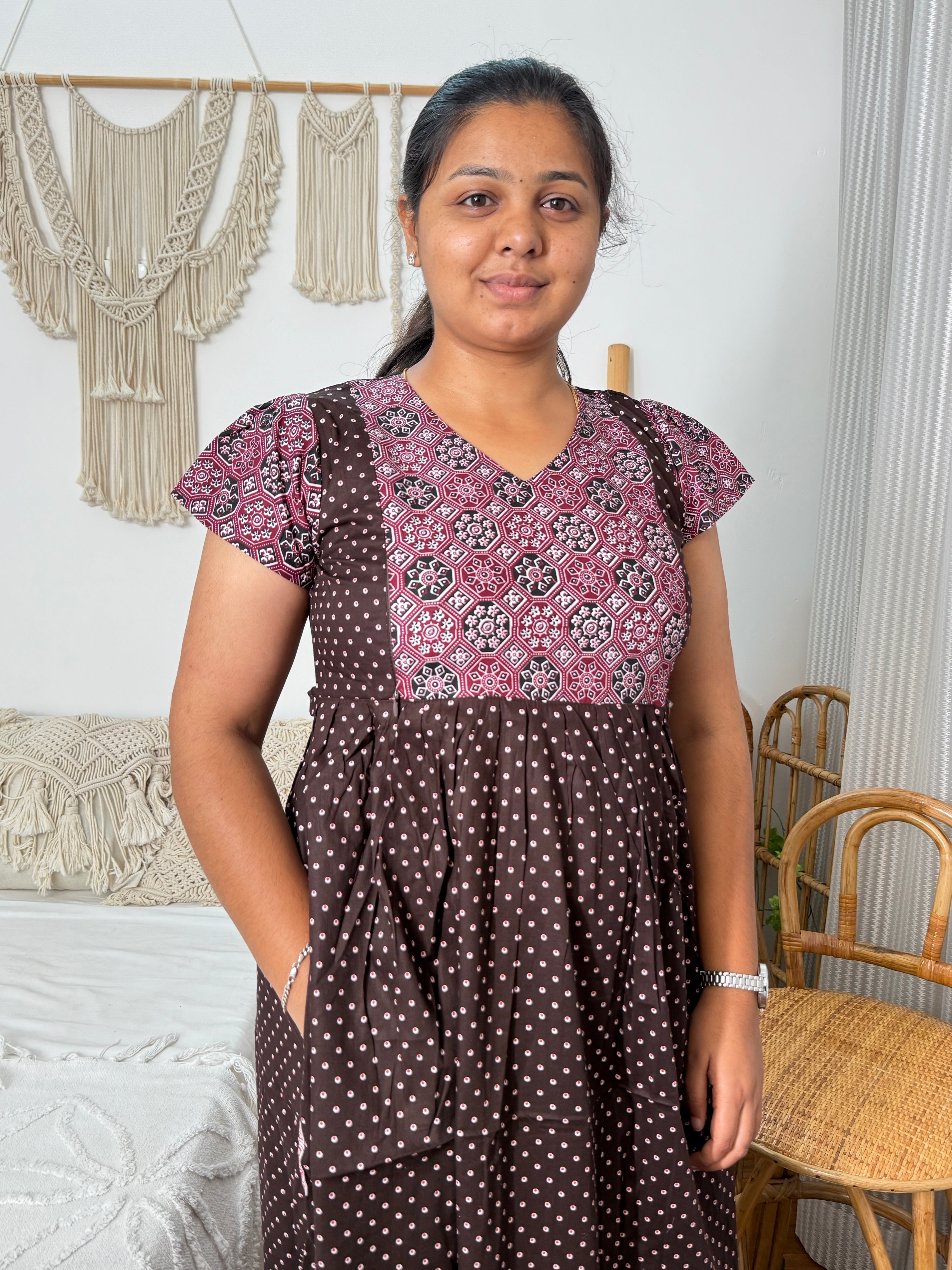 Feeding Brown & Maroon Printed Maxi Nighty 2