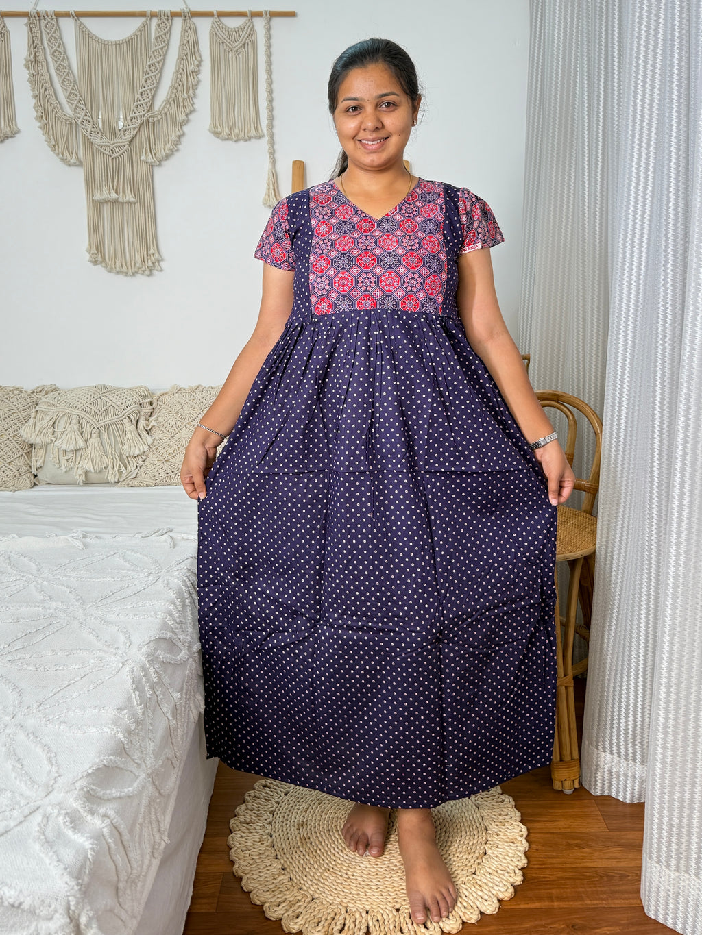 Feeding Navy Blue & Pink Printed Maxi Nighty