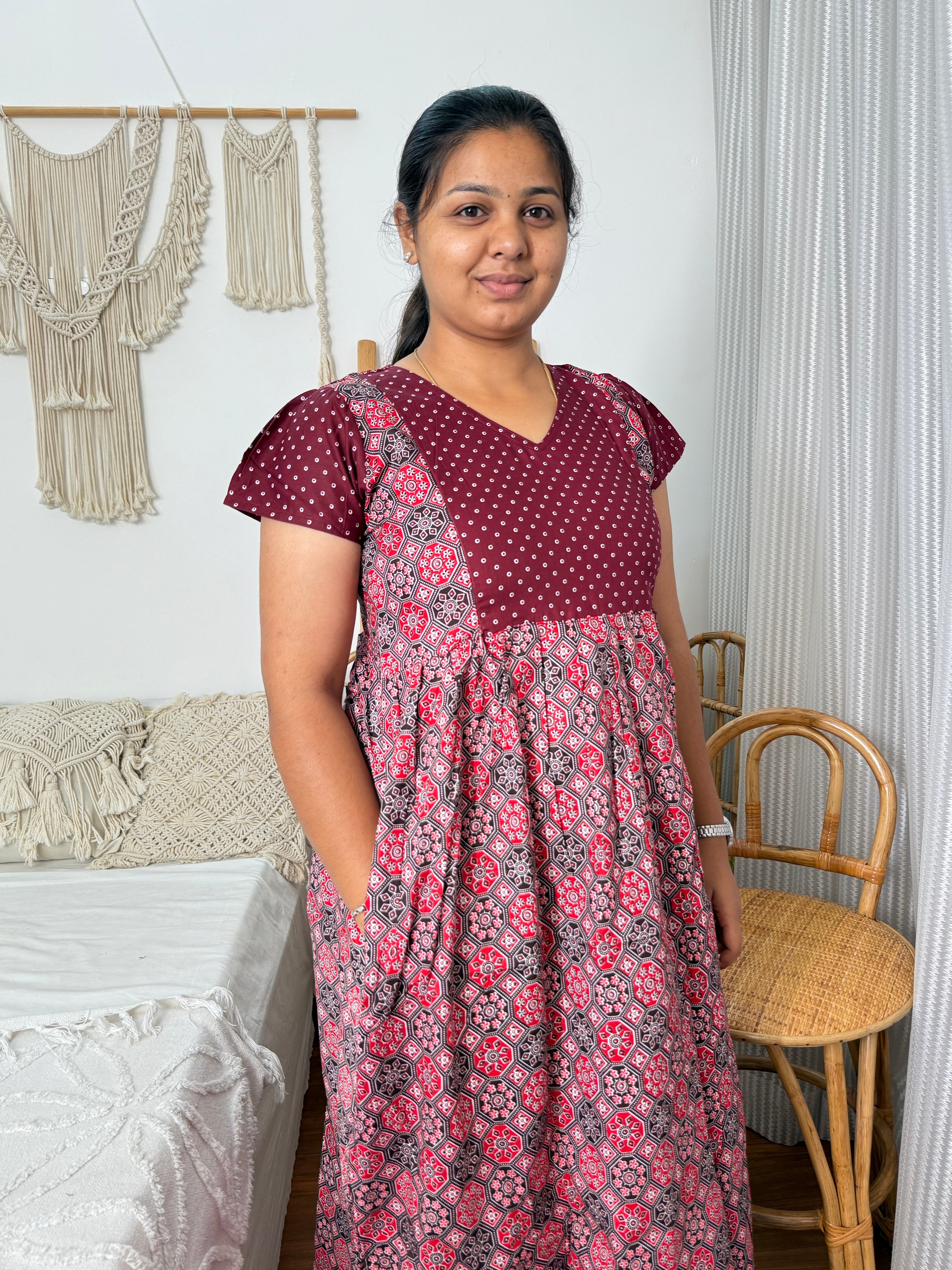 Feeding Wine & Maroon Printed Maxi Nighty