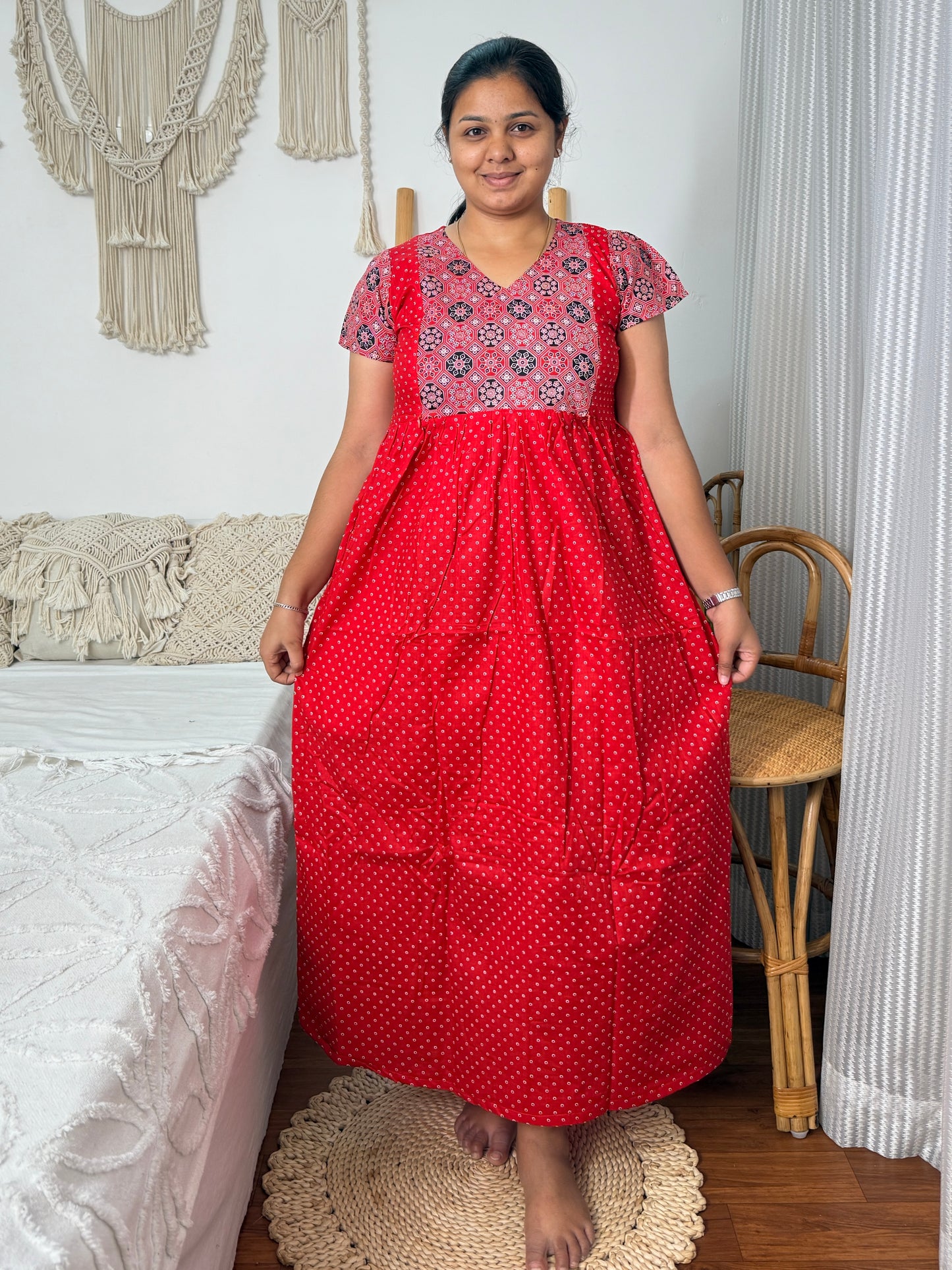 Feeding Red & Maroon Printed Maxi Nighty