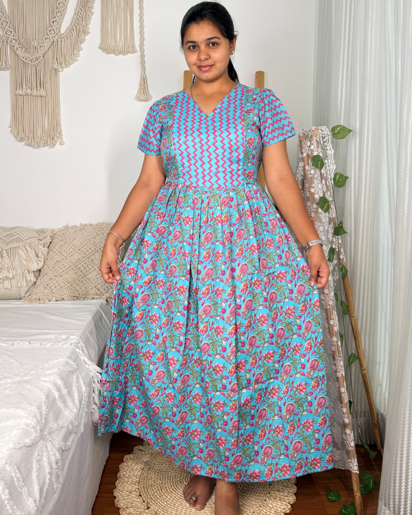 Feeding Women's Maxi Nighty – Full-Length Nightwear (Sky blue)