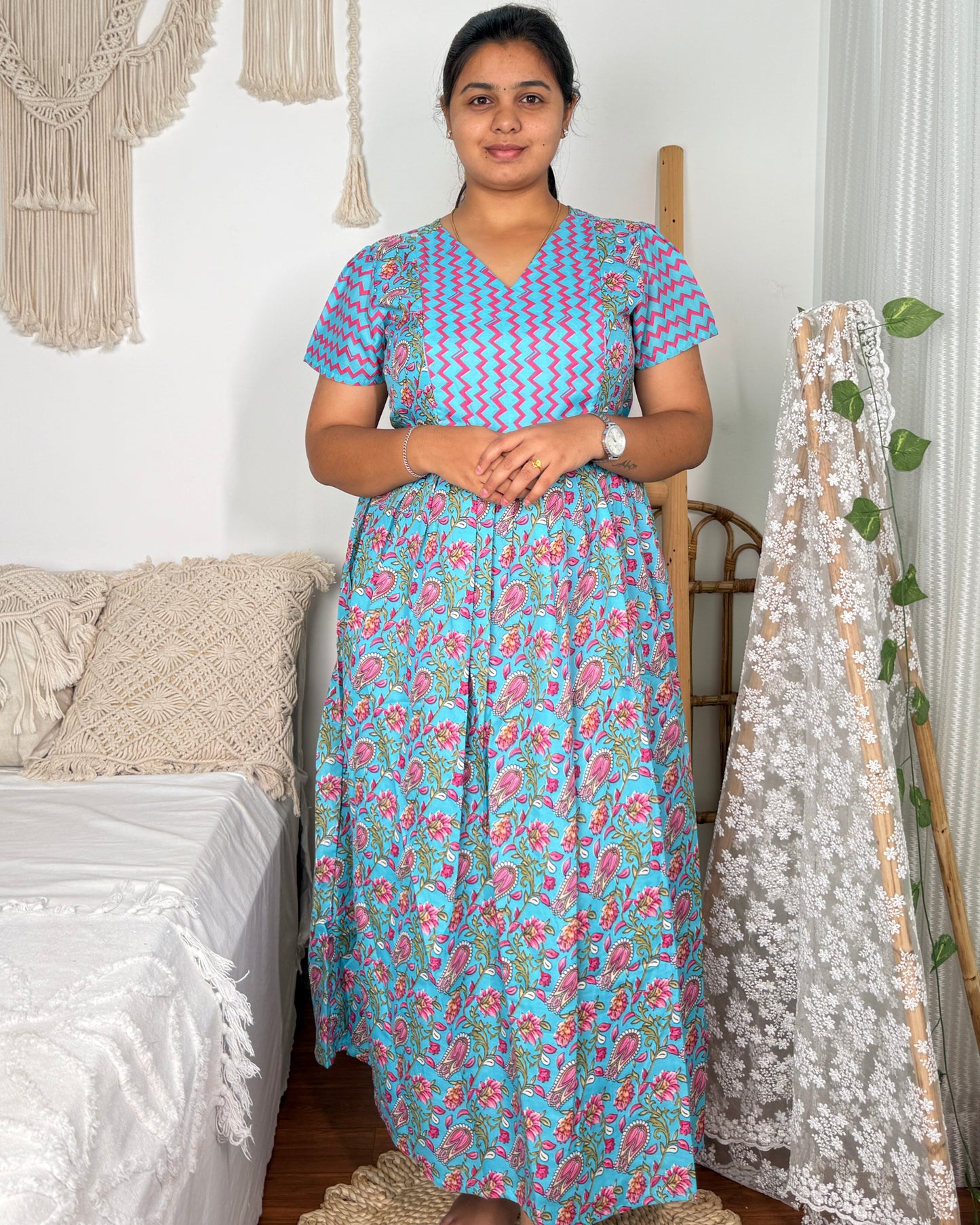 Feeding Women's Maxi Nighty – Full-Length Nightwear (Sky blue)