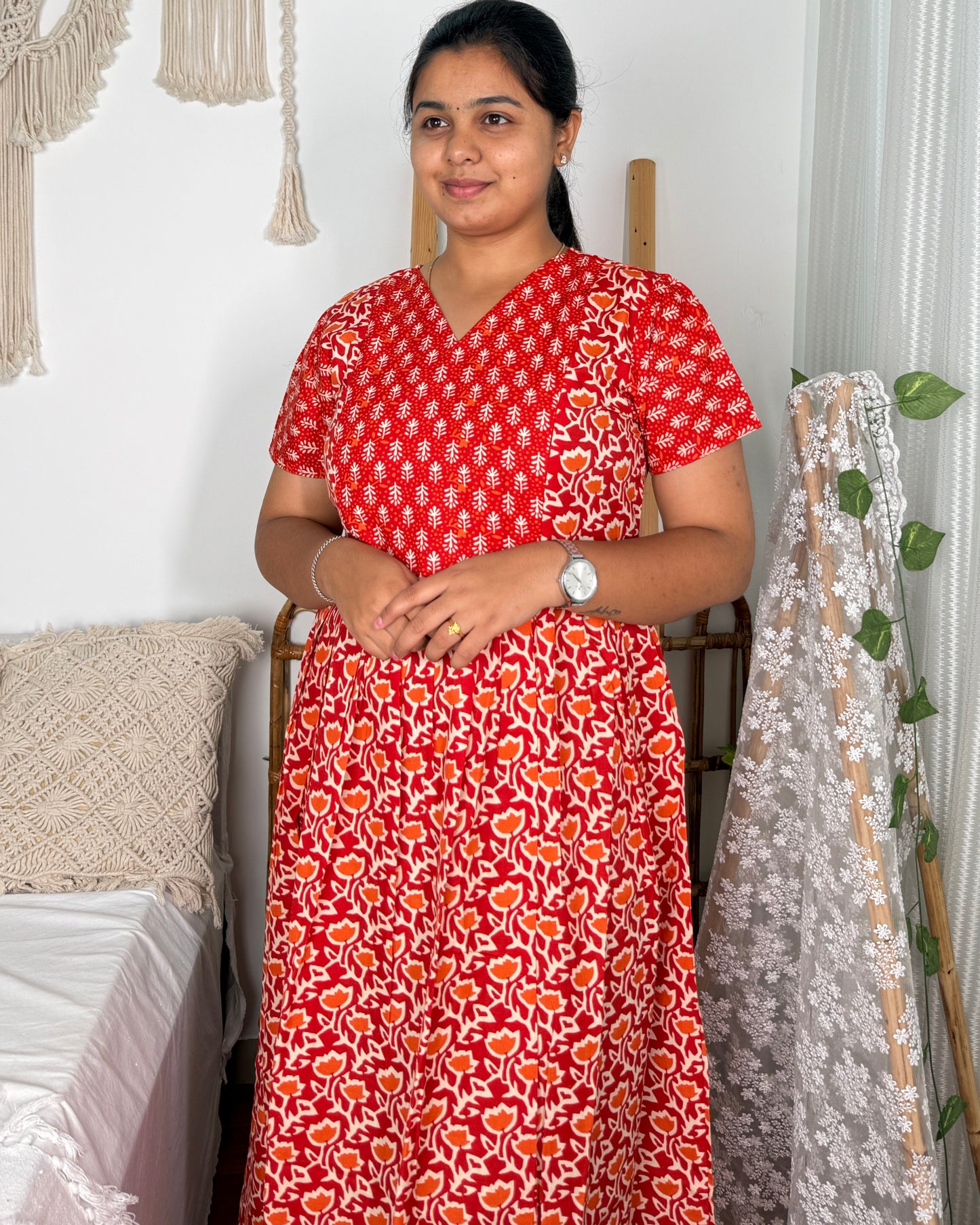 Feeding Women's Maxi Nighty – Full-Length Nightwear (Red v1)