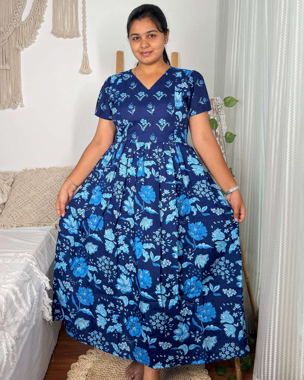 Feeding Women's Maxi Nighty – Full-Length Nightwear (Blue)