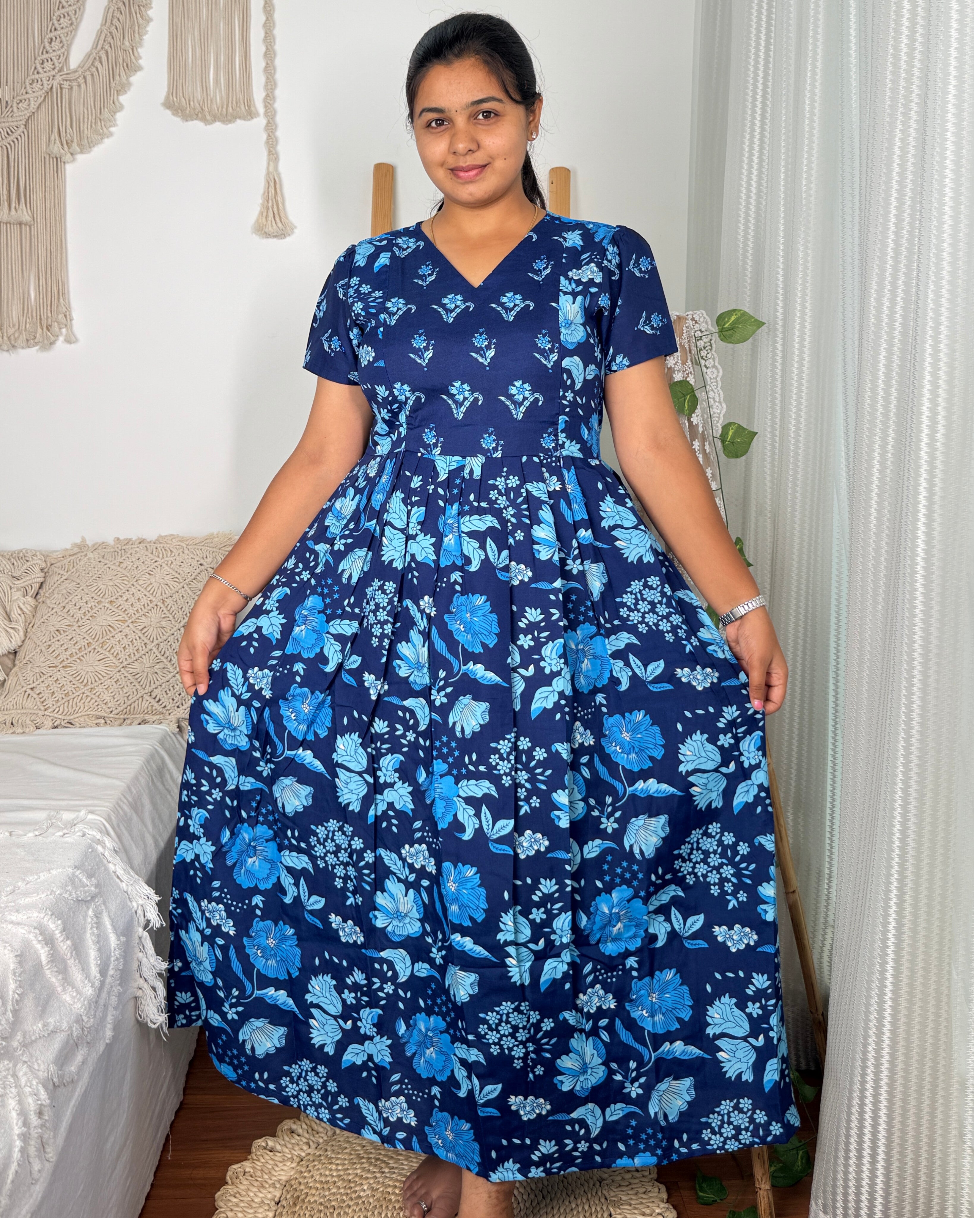 Feeding Women's Maxi Nighty – Full-Length Nightwear (Blue)