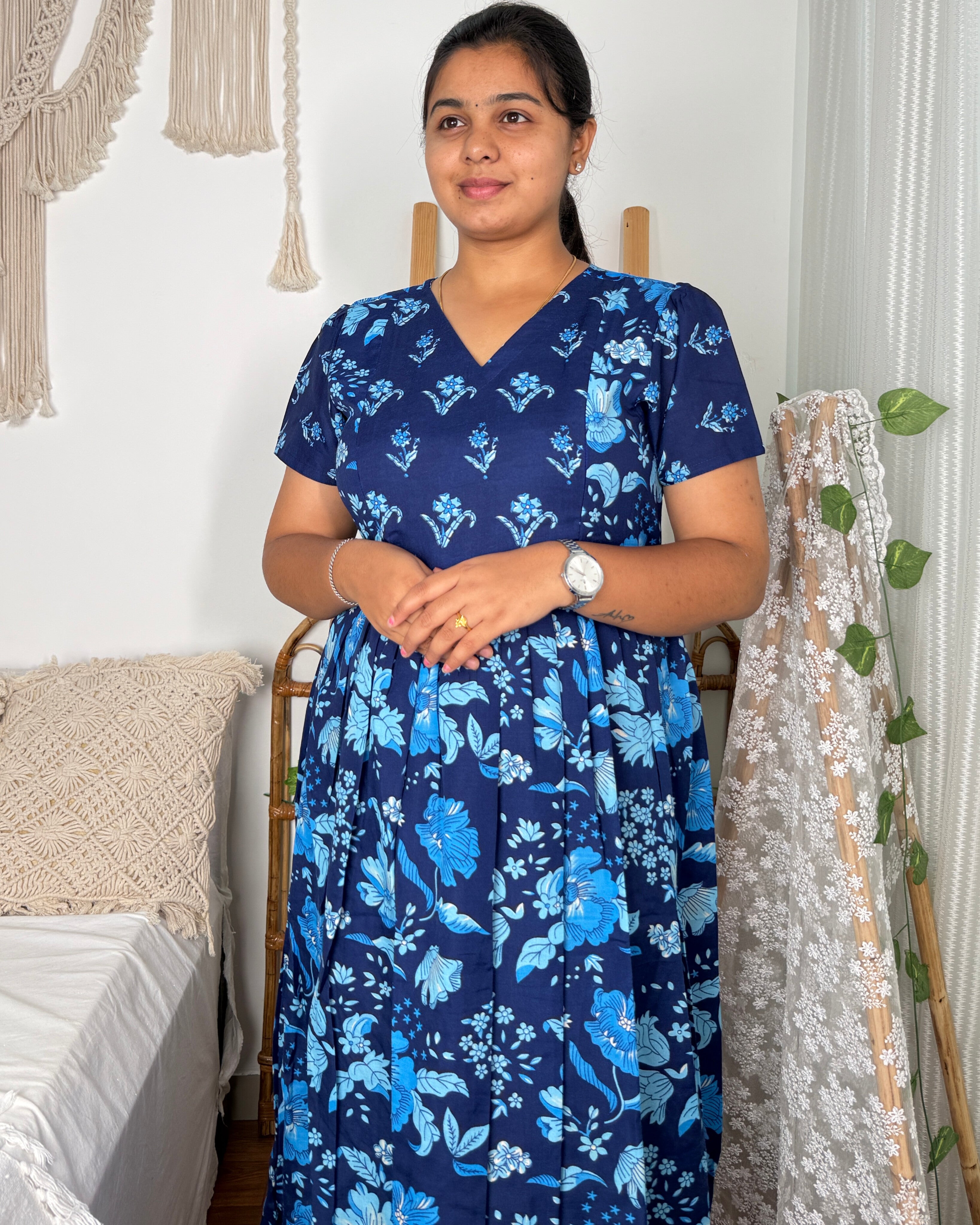 Feeding Women's Maxi Nighty – Full-Length Nightwear (Blue)