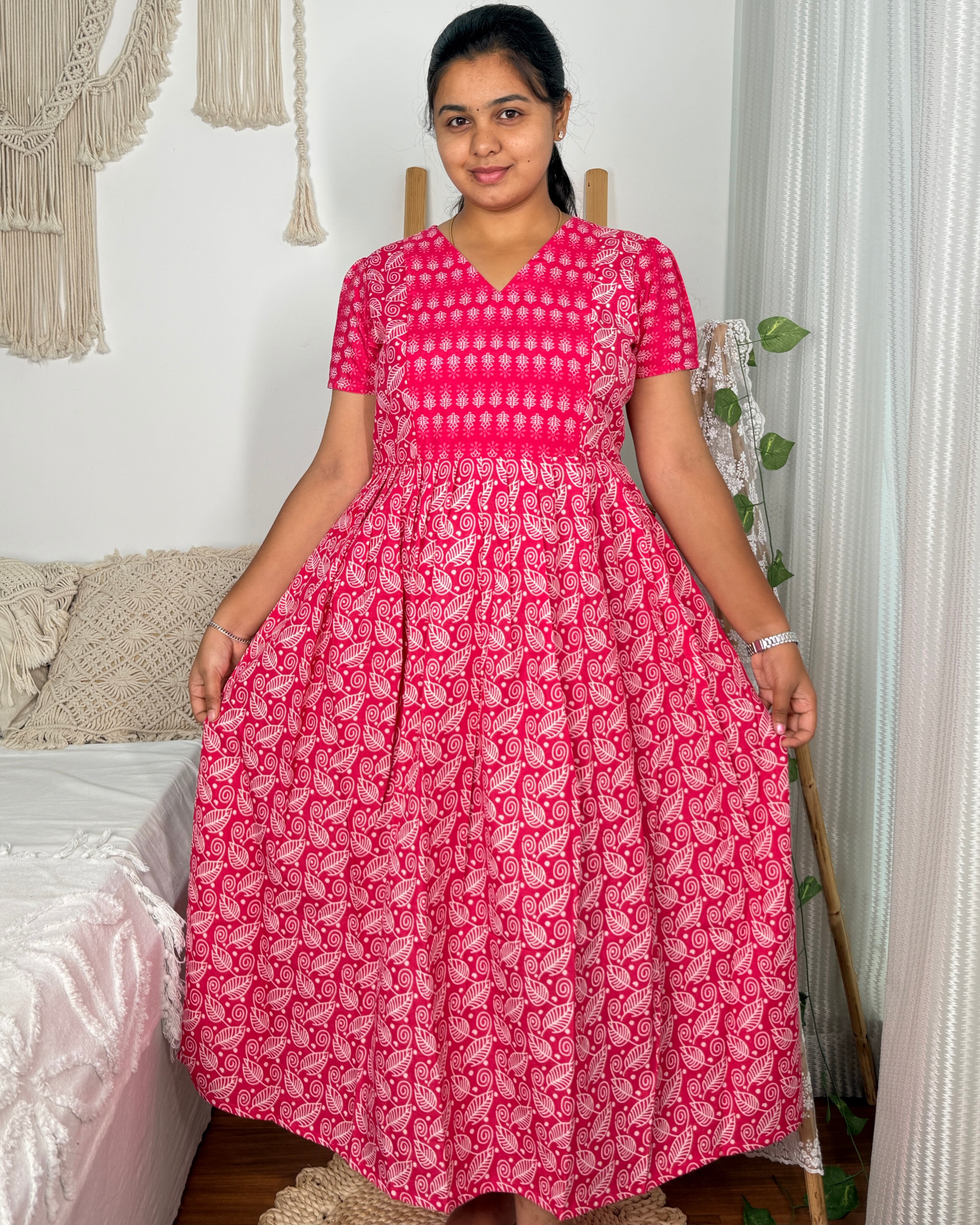 Feeding Women's Maxi Nighty – Full-Length Nightwear (Red v2)