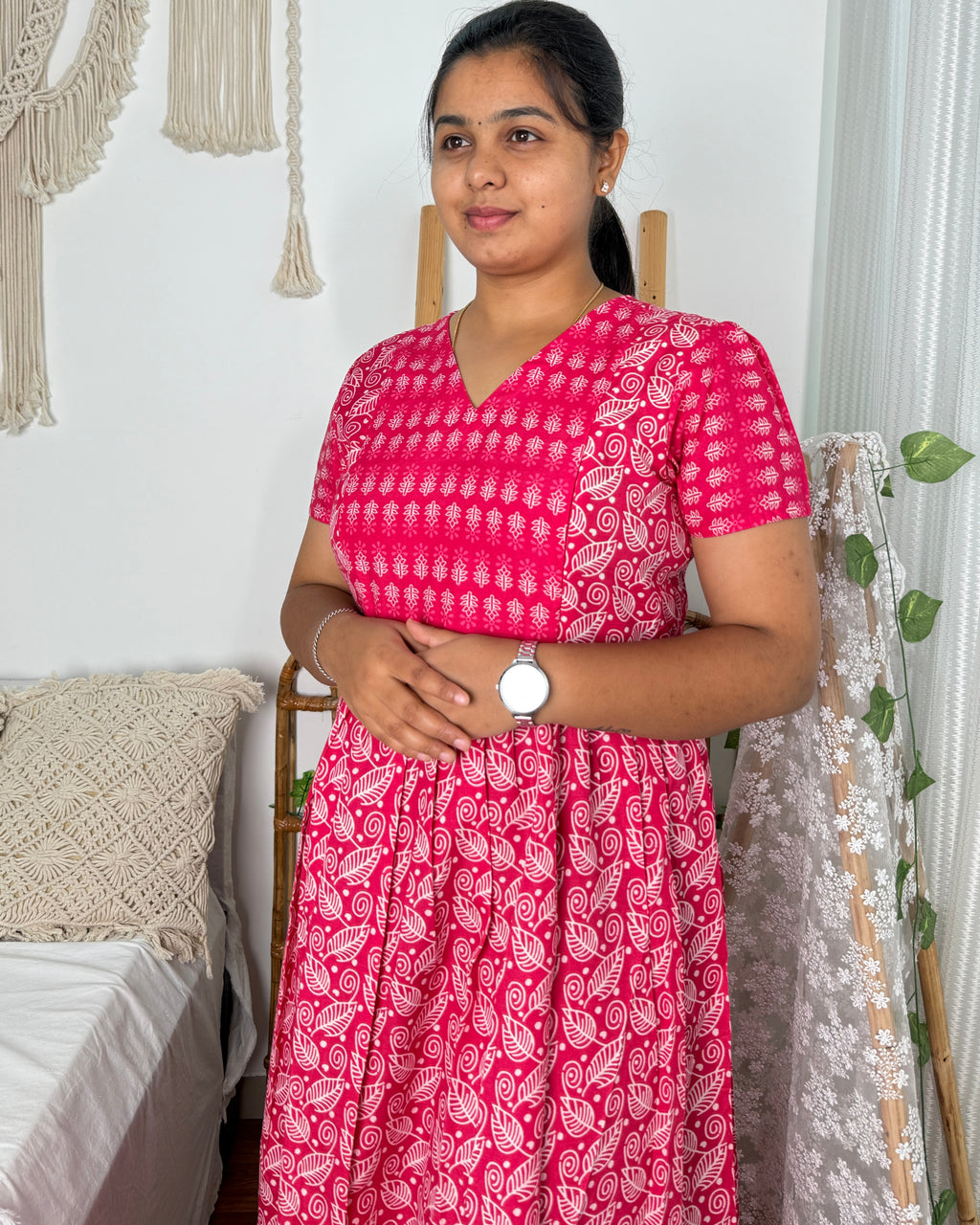 Feeding Women's Maxi Nighty – Full-Length Nightwear (Red v2)