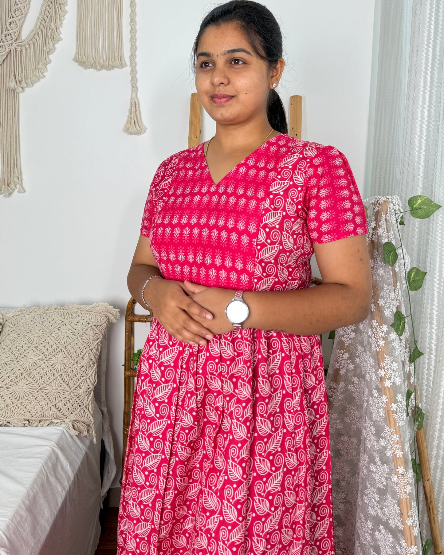 Feeding Women's Maxi Nighty – Full-Length Nightwear (Red v2)