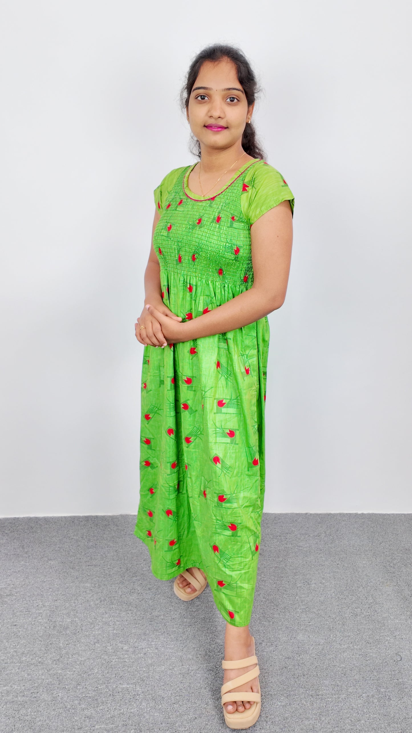 Parrot Green Floral Print Smoky Nighty for Women