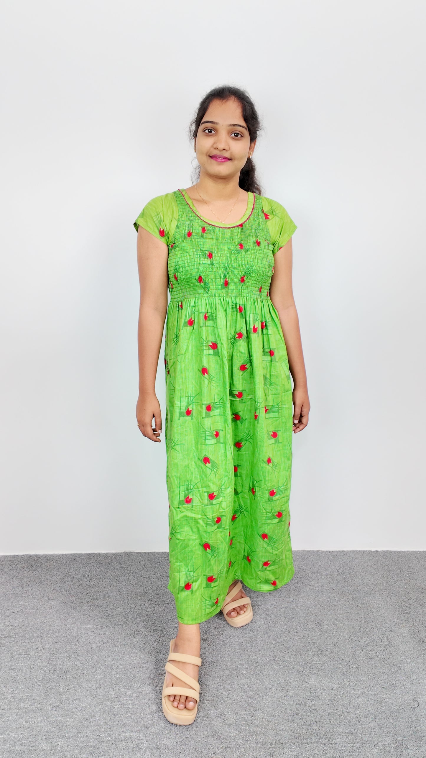 Parrot Green Floral Print Smoky Nighty for Women