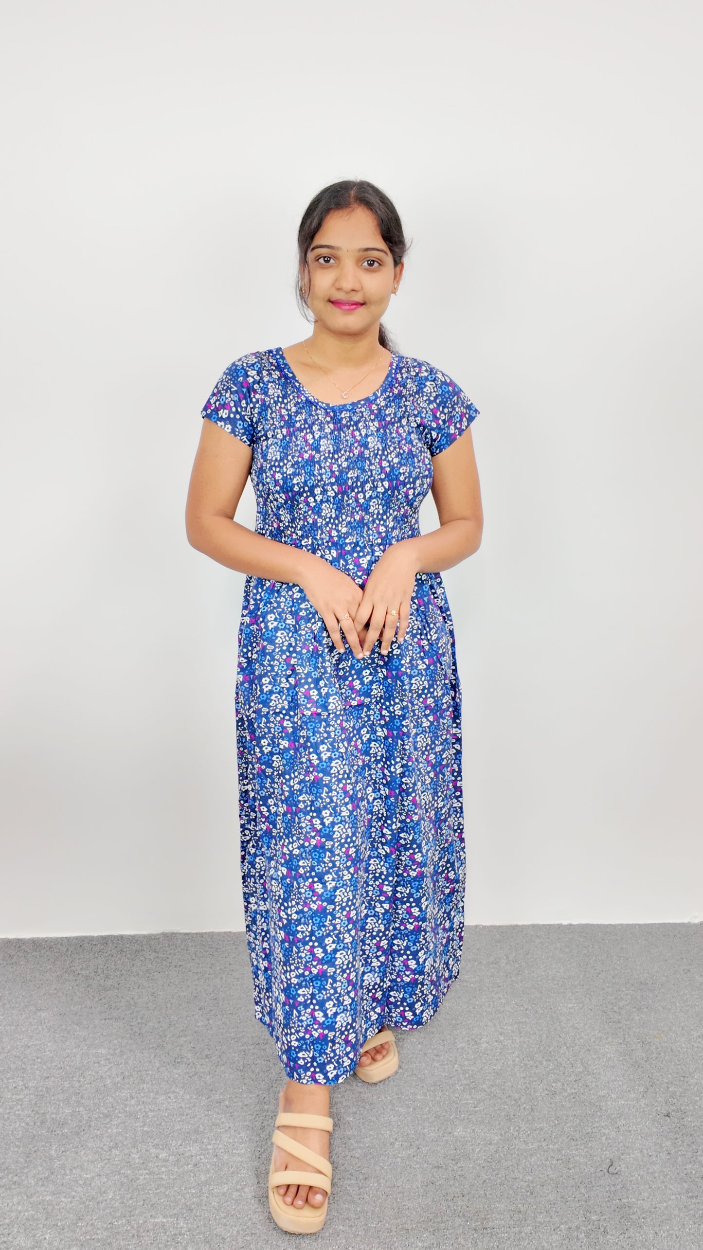 Navy Blue Floral Print Smoky Nighty for Women