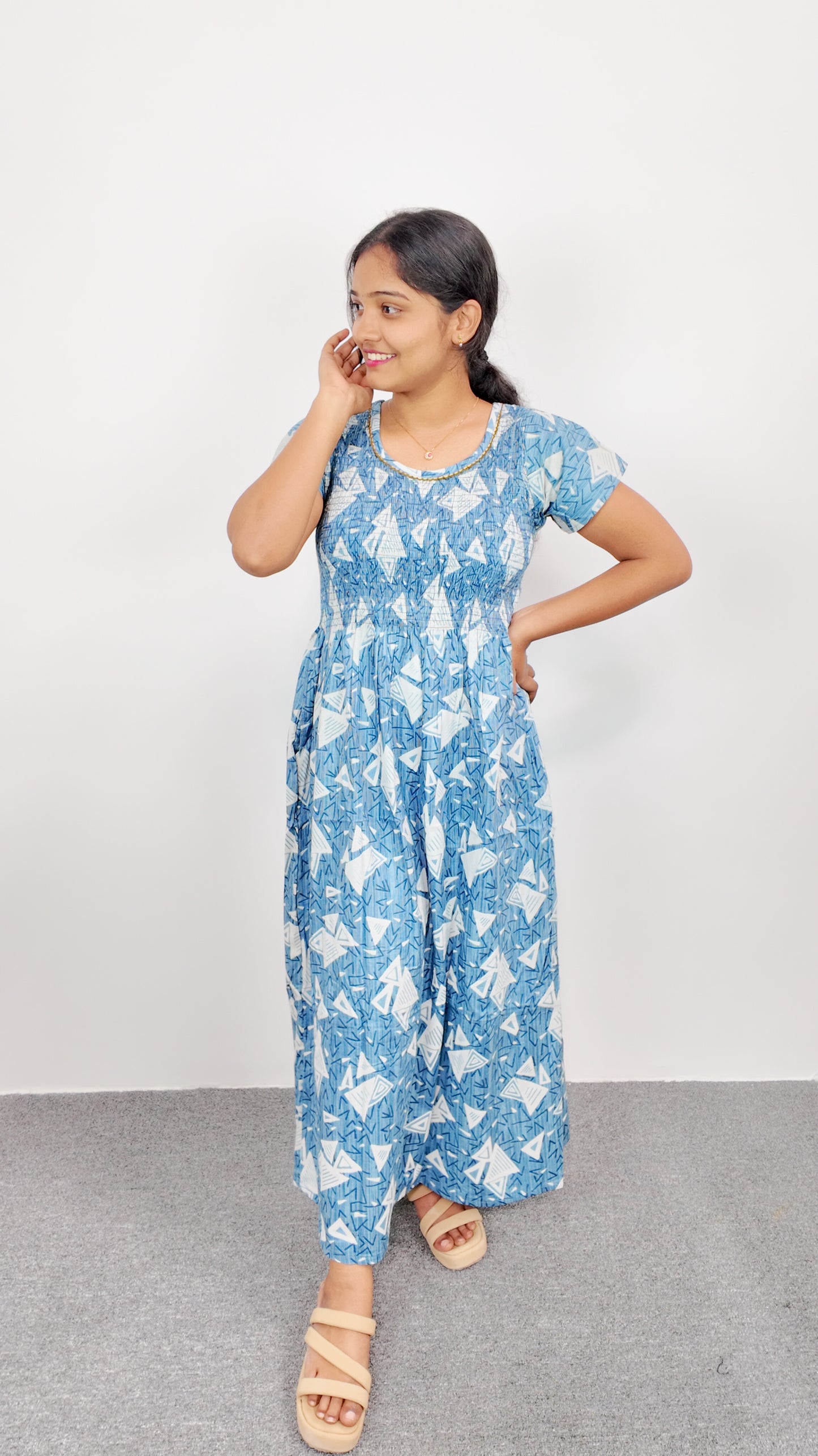 Sky Blue Floral Print Smoky Nighty for Women