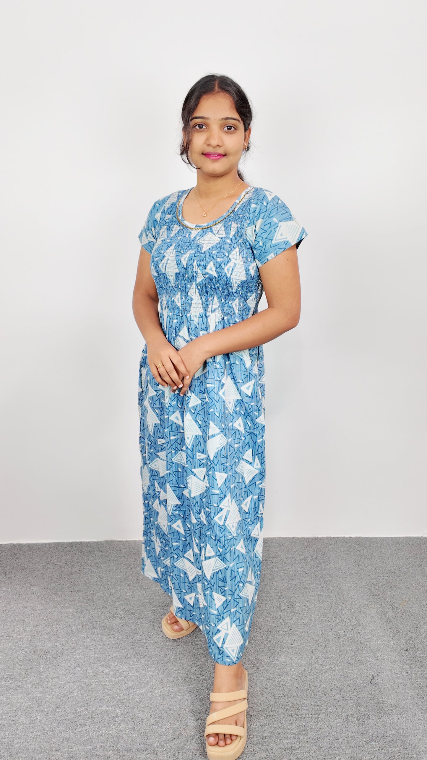 Sky Blue Floral Print Smoky Nighty for Women