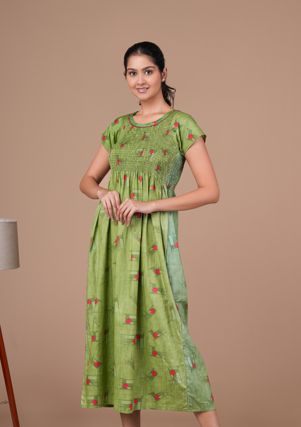 Parrot Green Floral Print Smoky Nighty for Women
