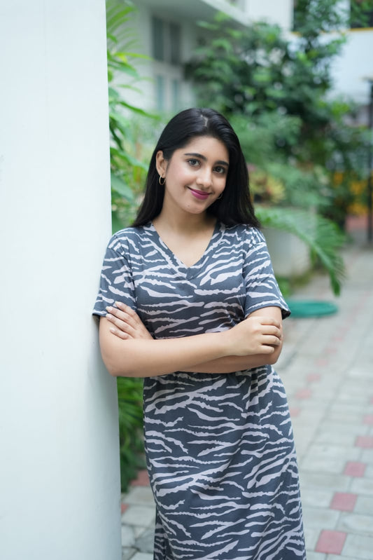 Gray Printed Casual Cotton Dress